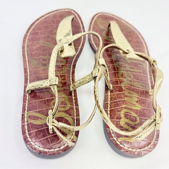 Sam Edelman GIGI Gold Metallic Reptile Embossed Leather T Strap Thong Sandals - Picture 10 of 16